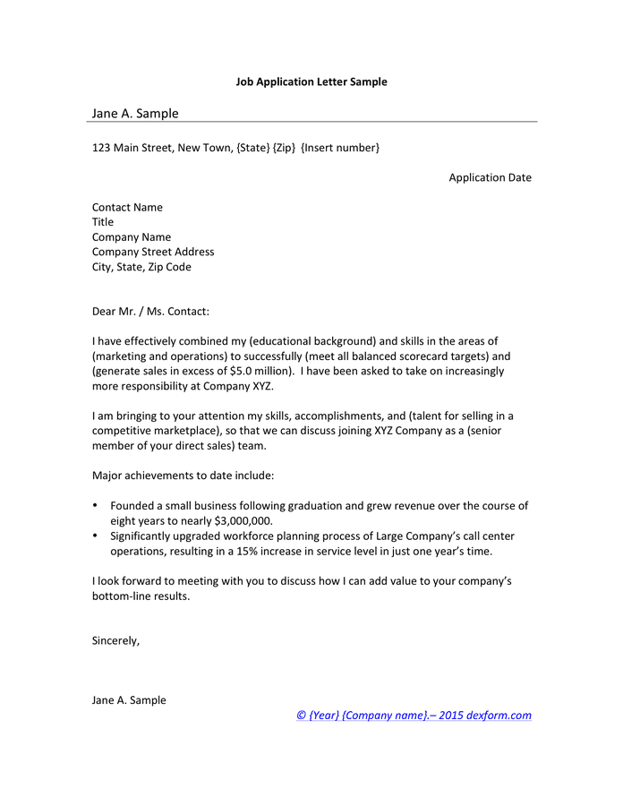 Job application letter sample in Word and Pdf formats