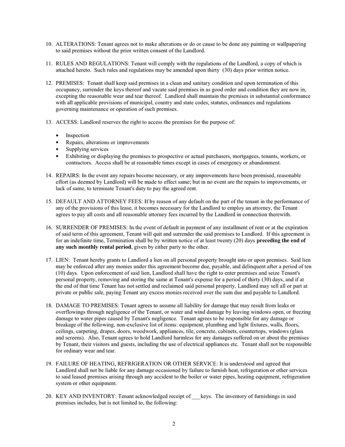 residential rental agreement and security deposit receipt in word and pdf formats page 2 of 9