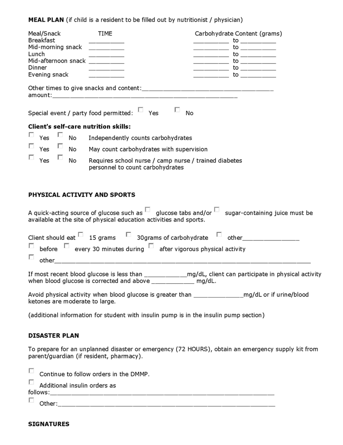 Diabetes medical management plan in Word and Pdf formats - page 6 of 7