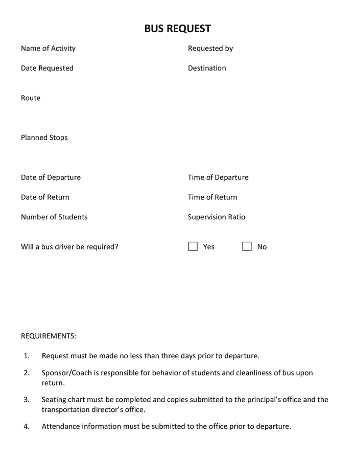Student bus request form in Word and Pdf formats