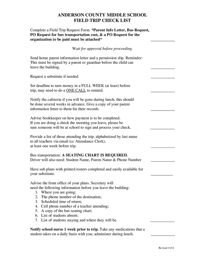 Middle school field trip check list in Word and Pdf formats