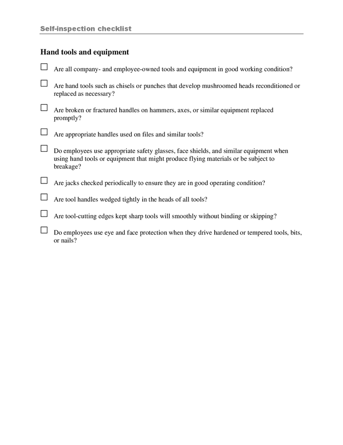 Hand tools and equipment checklist in Word and Pdf formats