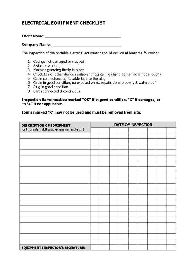 Electrical equipment checklist in Word and Pdf formats