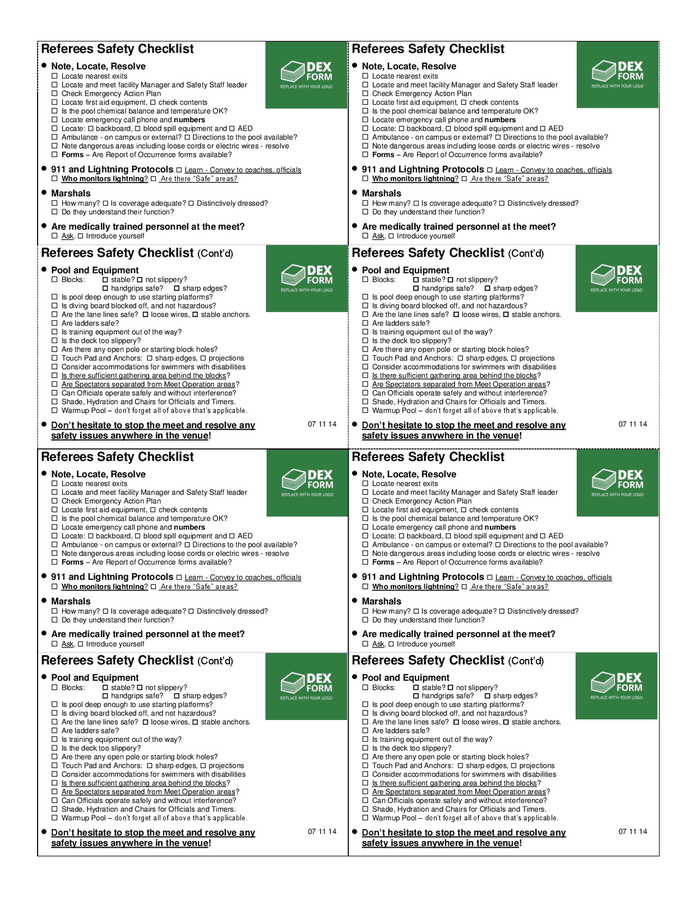 Swimming competition referees safety checklist in Word and Pdf formats