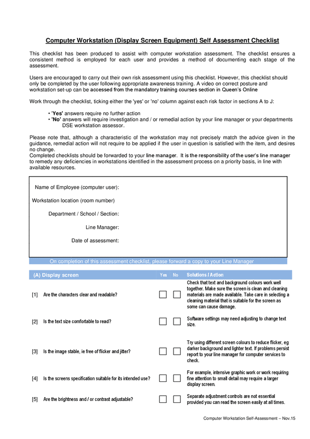 Computer Workstation Equipment Self Assessment Checklist In Word And Pdf Formats 1368