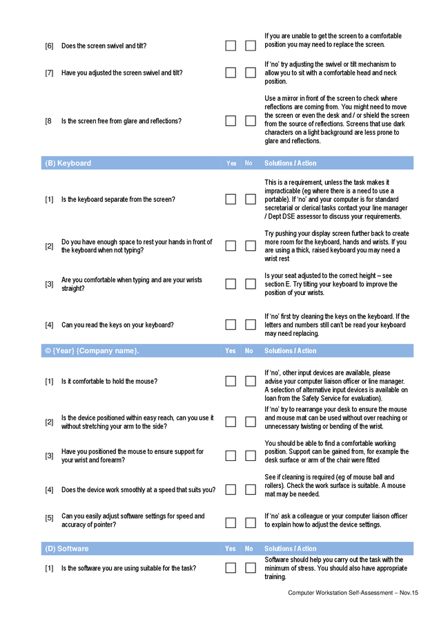 Computer Workstation Equipment Self Assessment Checklist In Word And Pdf Formats Page 2 Of 5 3444