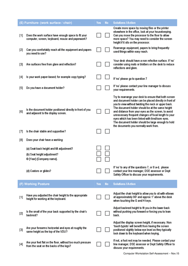 Computer Workstation Equipment Self Assessment Checklist In Word And 