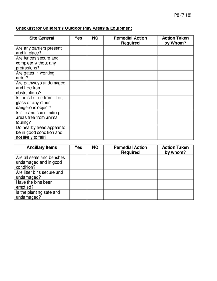 Checklist for children's outdoor play areas & equipment in Word and Pdf ...