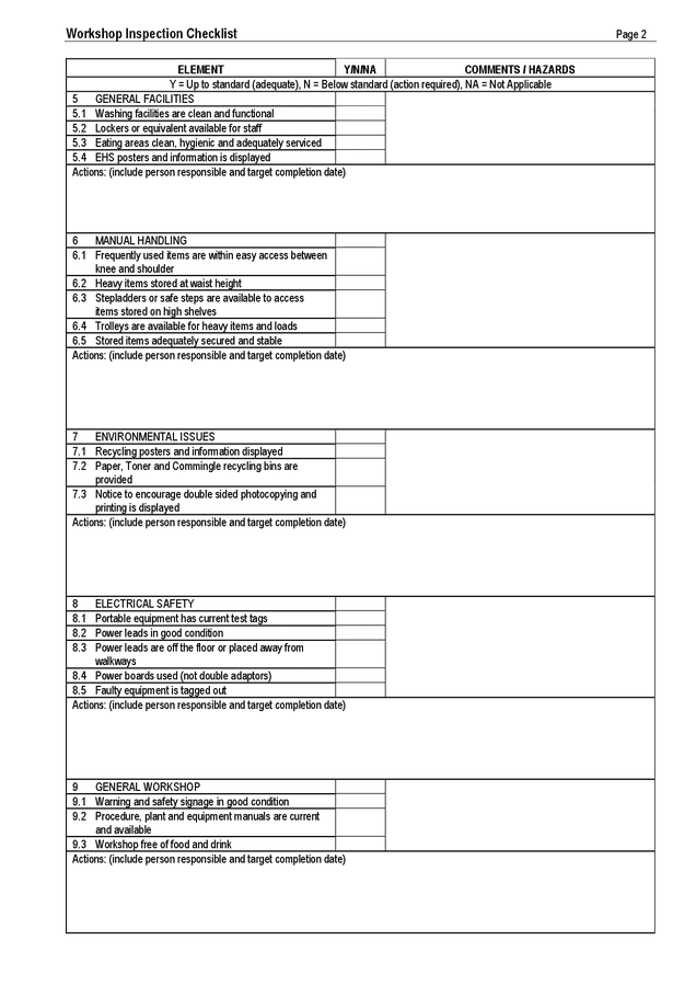 Workshop inspection checklist in Word and Pdf formats - page 2 of 4