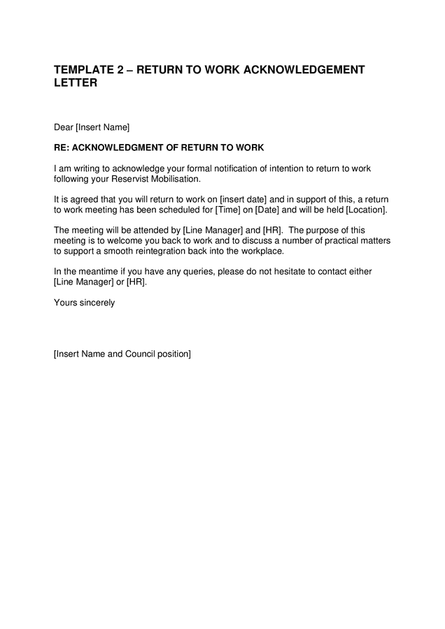 Return To Work Letter Template Word