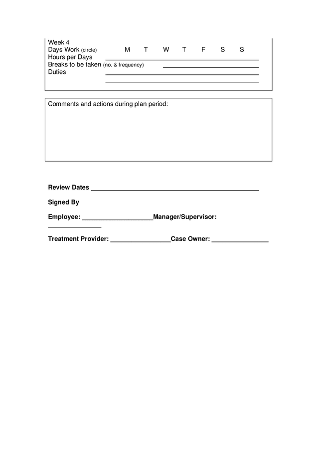 Return to work plan template in Word and Pdf formats - page 2 of 2