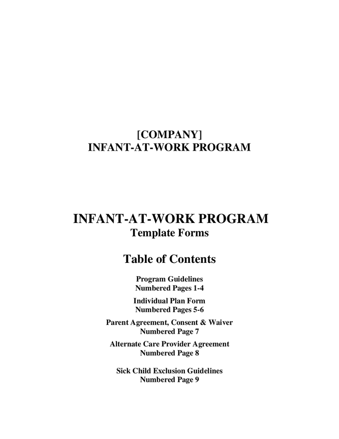 Infant at work Program Template And Forms In Word And Pdf Formats