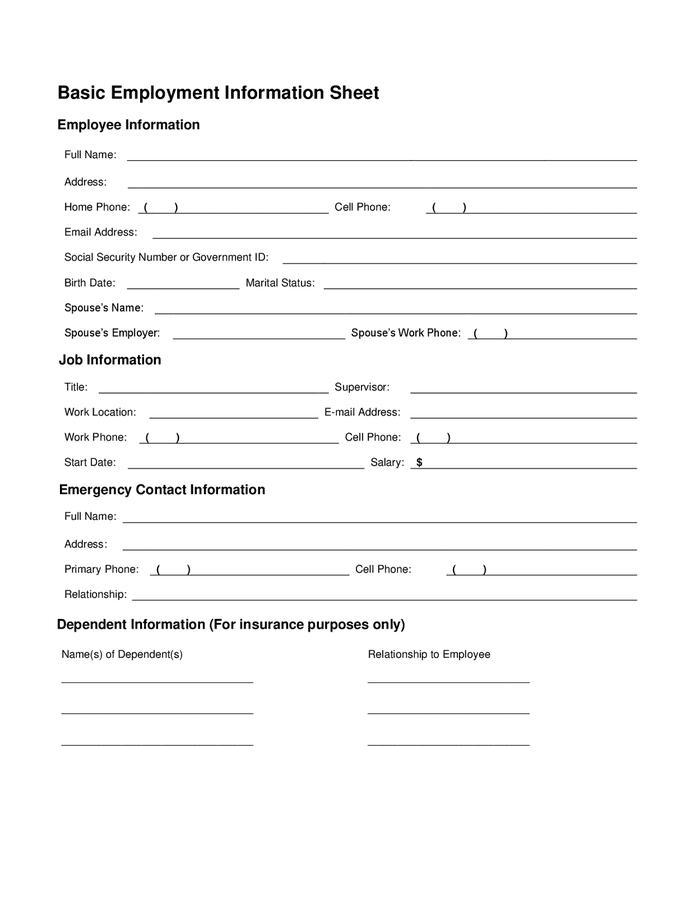 Basic employment information sheet in Word and Pdf formats