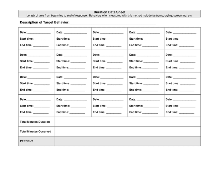 Duration data sheet in Word and Pdf formats