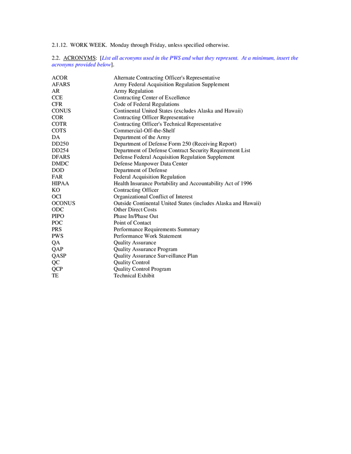 Performance work statement (PWS) template in Word and Pdf formats ...