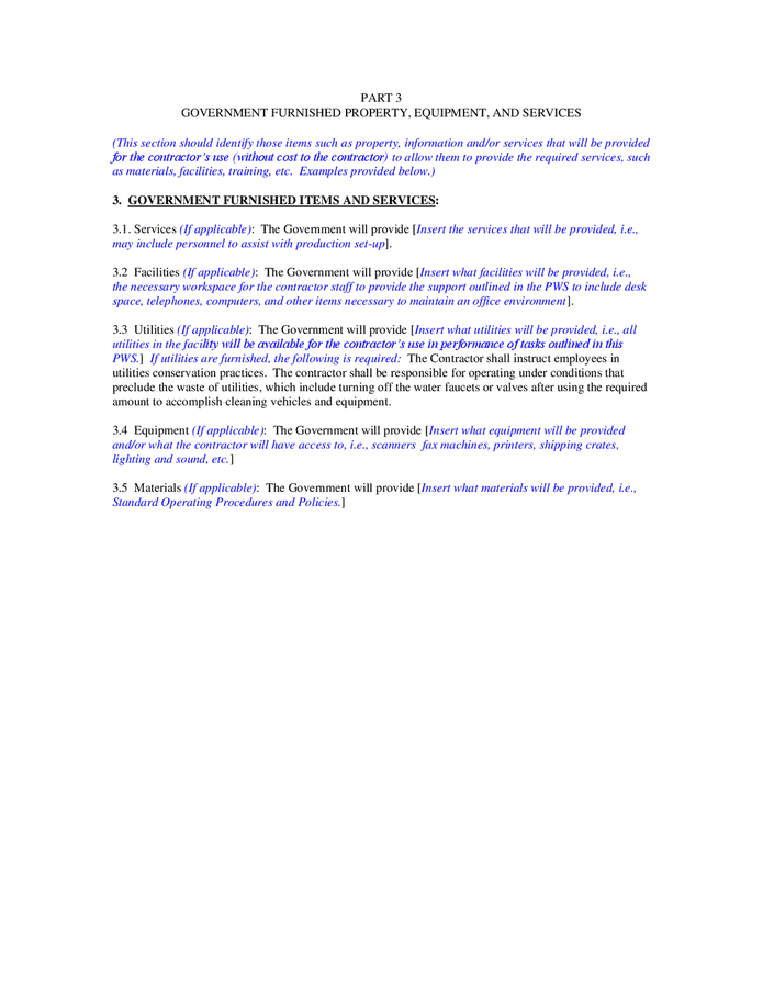 Performance work statement (PWS) template in Word and Pdf formats Performance work statement (PWS) template in Word and Pdf formats
