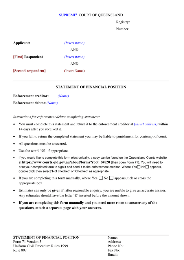 personal statement of financial position template australia