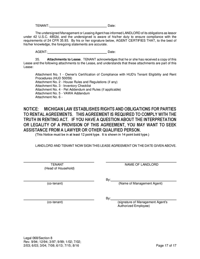 Lease agreement template (Michigan) in Word and Pdf formats page 17 of 17