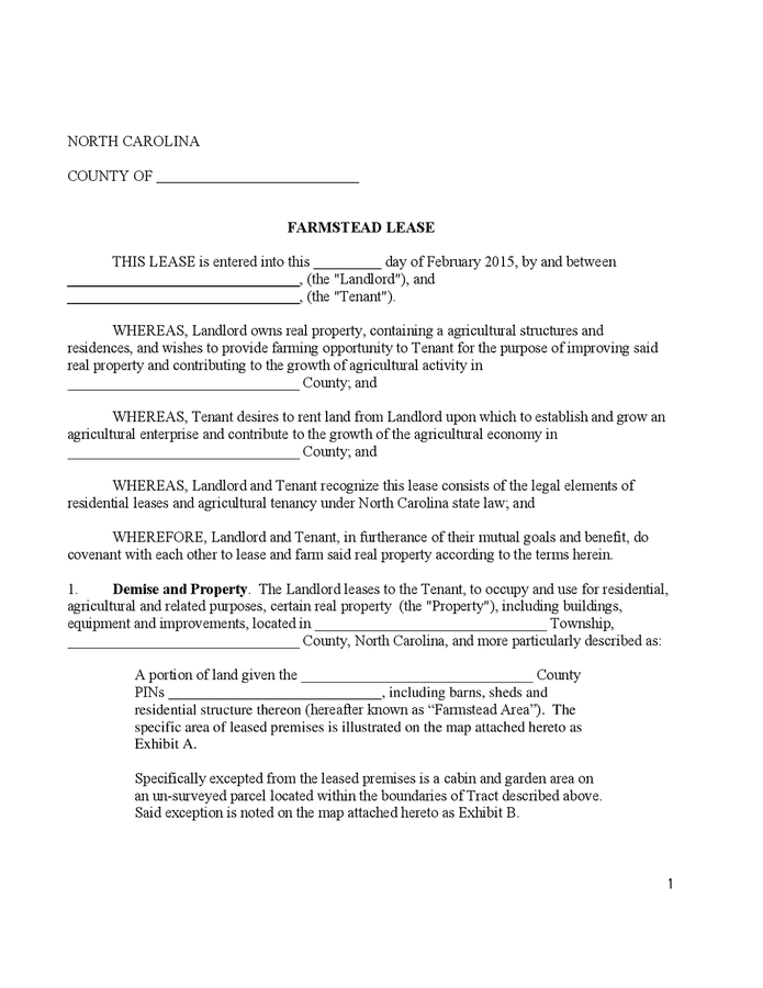 Farmstead lease (North Carolina) in Word and Pdf formats