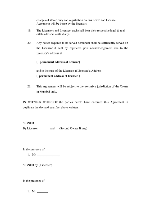 Leave And License Agreement India In Word And Pdf Formats Page 8 Of 9