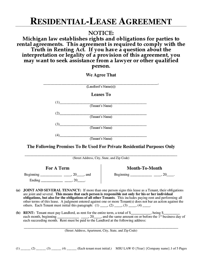 Residentiallease agreement (Michigan) in Word and Pdf formats