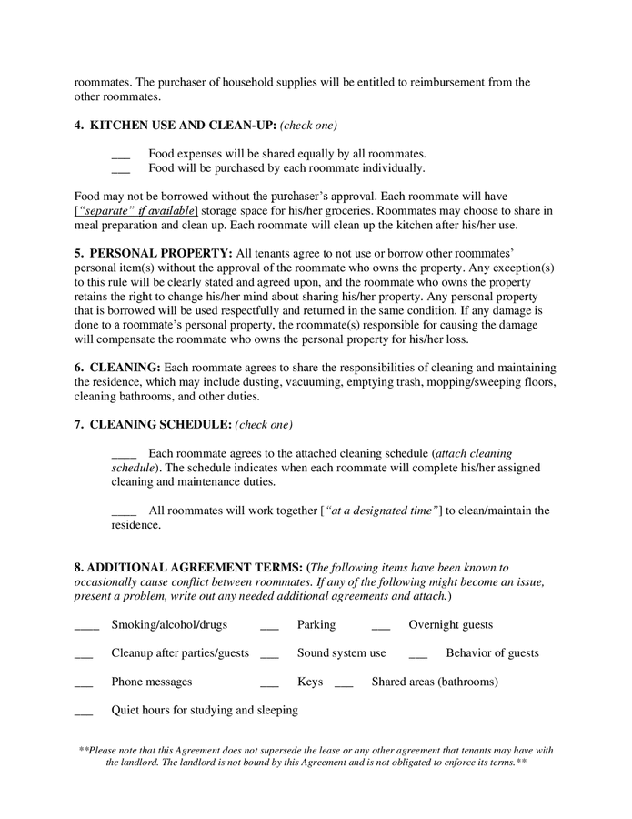 Sample roommate agreement in Word and Pdf formats - page 2 of 3