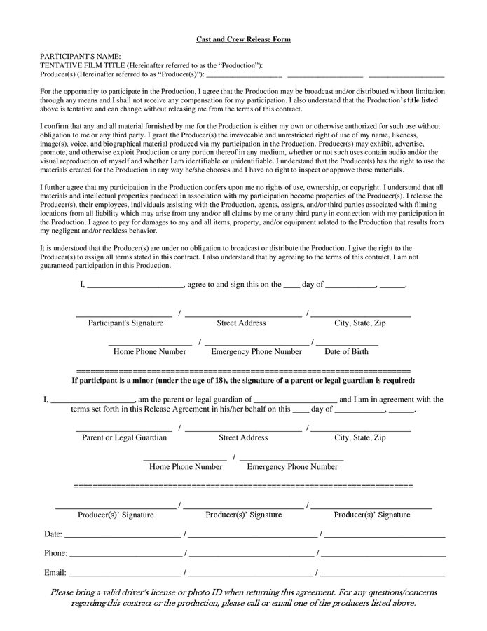 Cast and crew release form sample in Word and Pdf formats