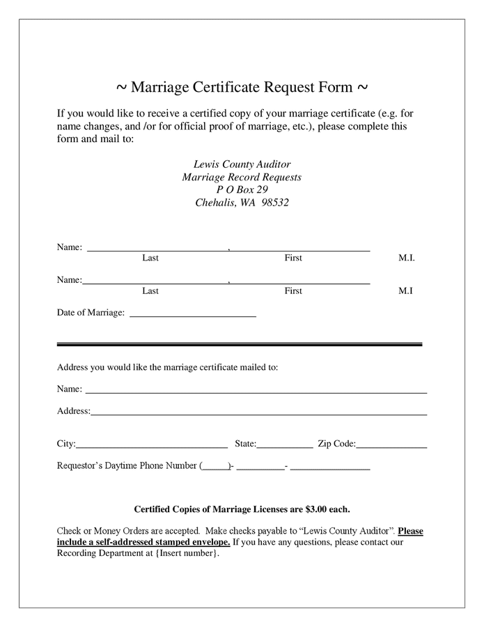 Marriage Certificate Request Form In Word And Pdf Formats 1124