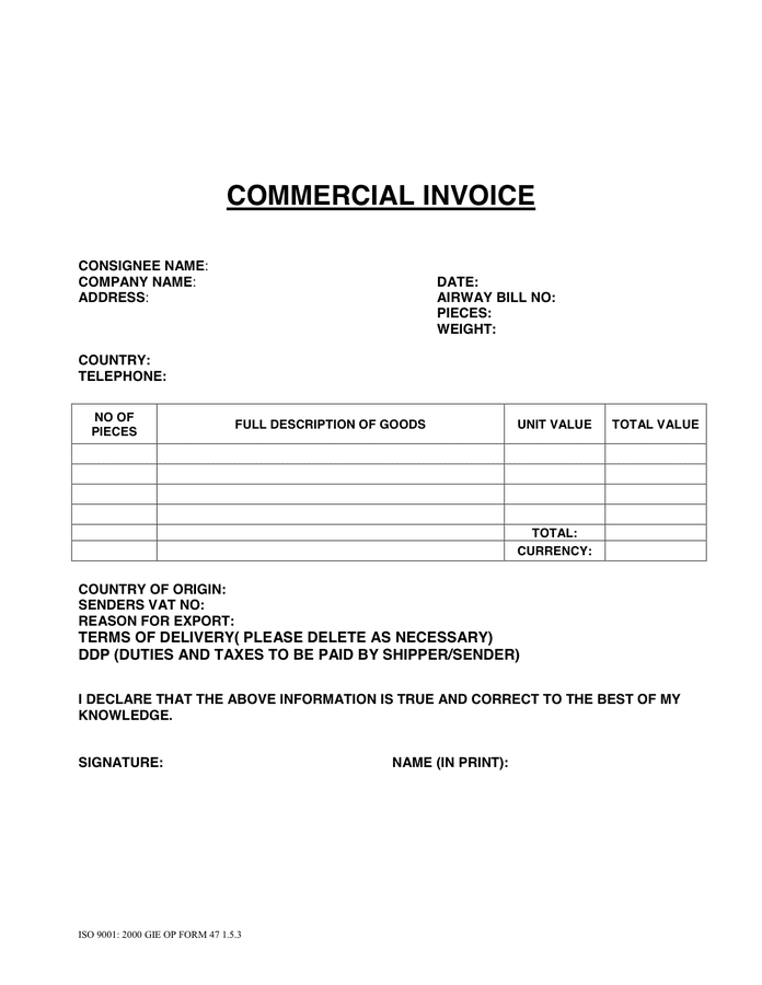 commercial invoice template word