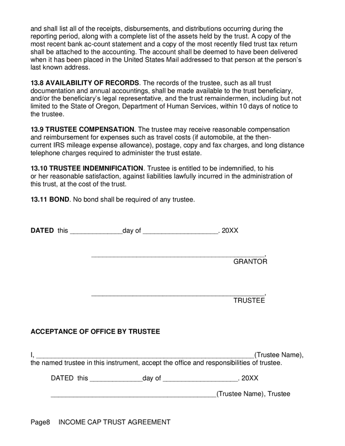 Irrevocable living trust agreement in Word and Pdf formats - page 8 of 9