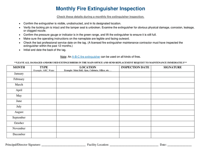 Monthly Fire Extinguisher Inspection Form In Word And Pdf Formats