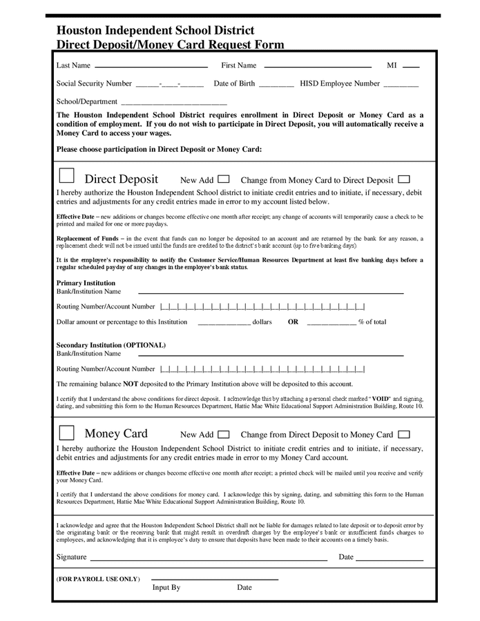 School direct deposit / money card request form in Word and Pdf formats