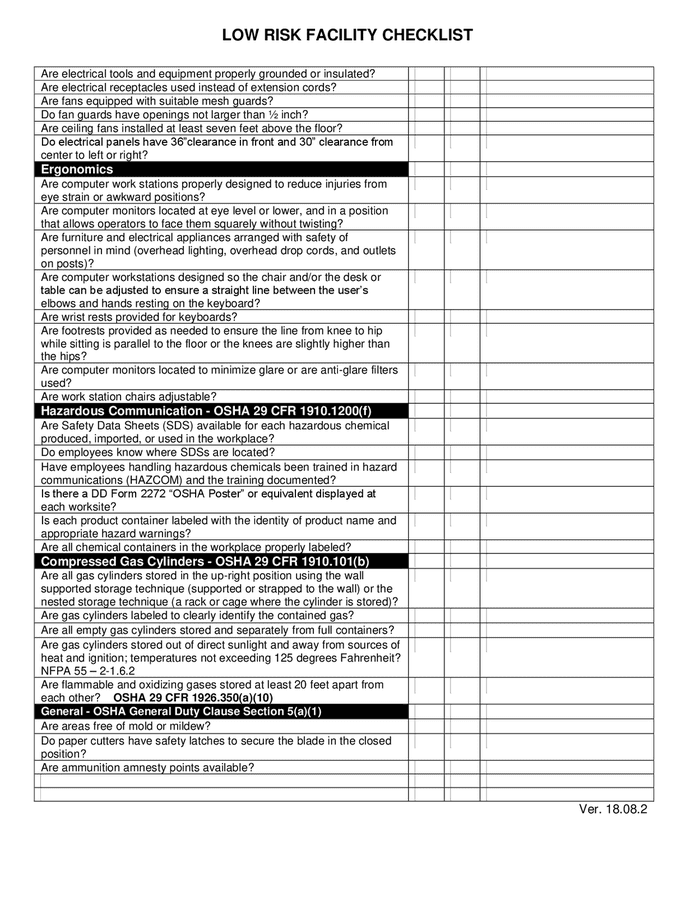 Low risk facility checklist in Word and Pdf formats - page 2 of 2