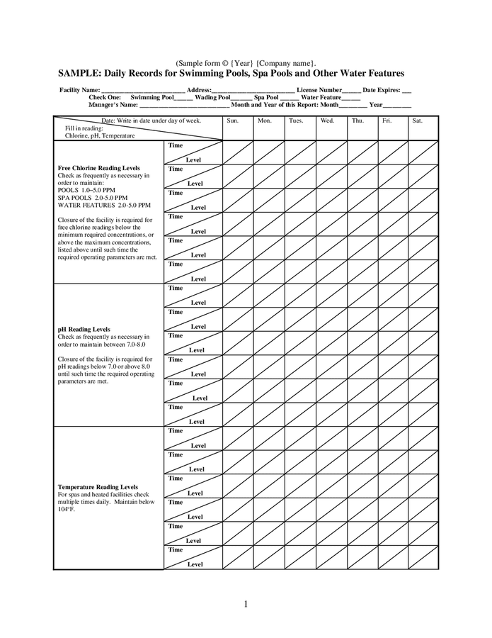 printable daily pool log sheet - Keski