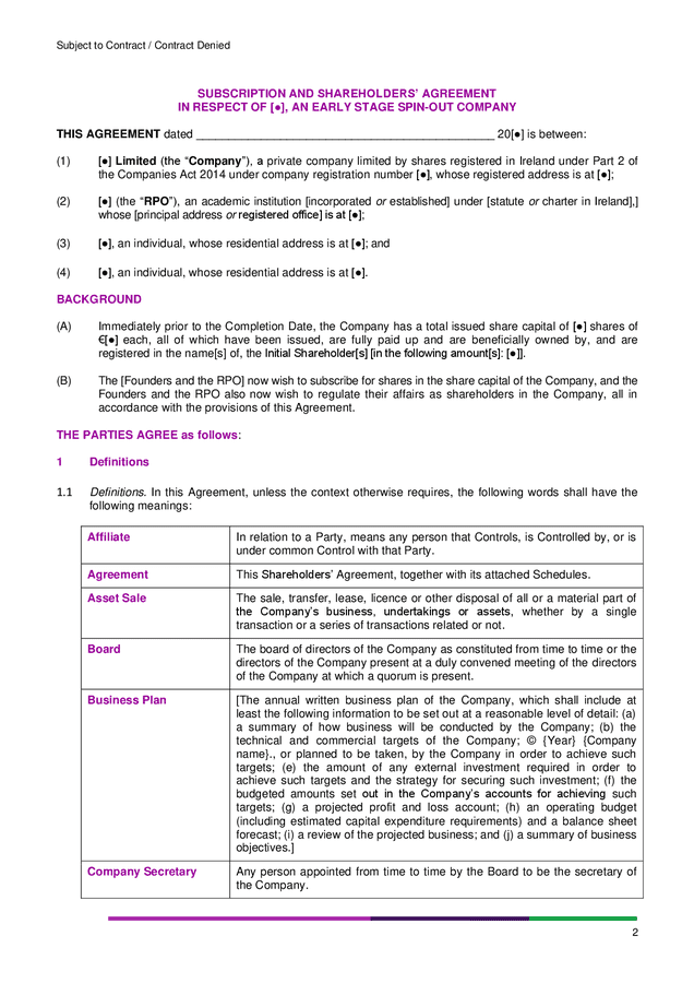 Model subscription and shareholders' agreement in Word and Pdf formats ...