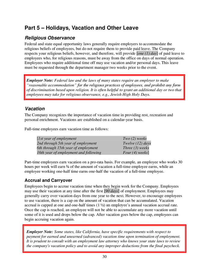 Employee handbook sample in Word and Pdf formats - page 30 of 38