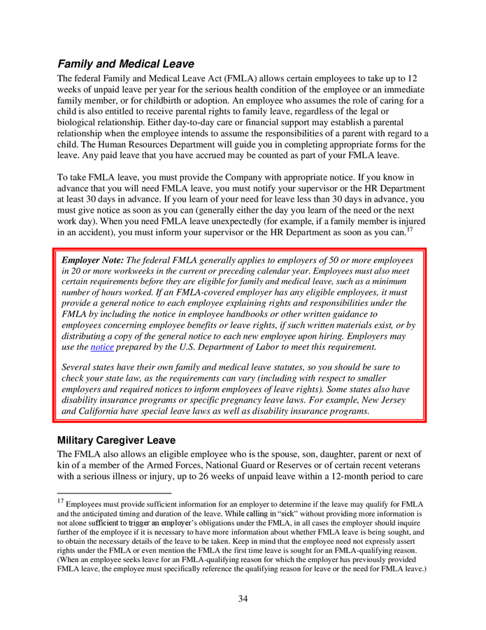 Employee Fmla Guidebook.pdf Employee handbook sample in Word and Pdf formats - page 34 of 38