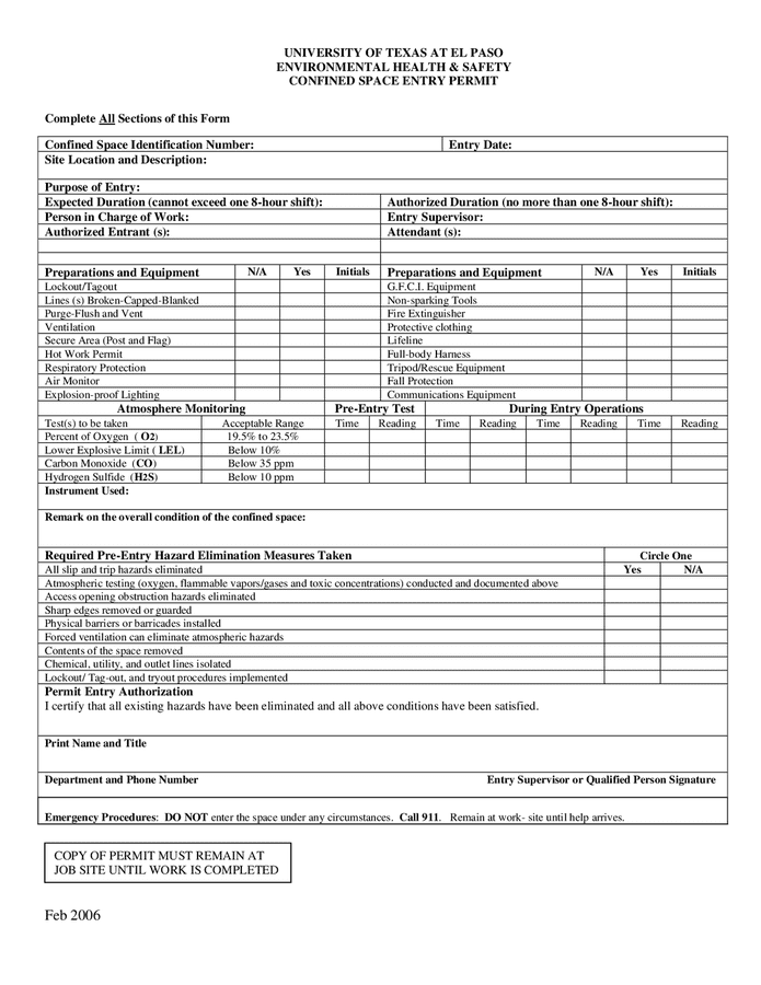 Confined space university entry permit in Word and Pdf formats