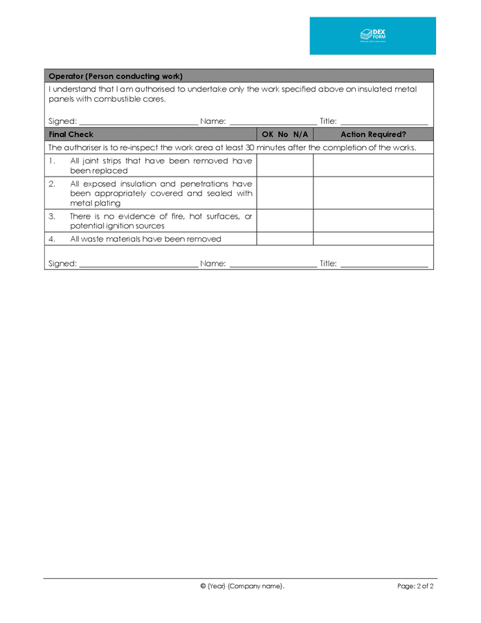 Cold work permit form in Word and Pdf formats - page 2 of 2