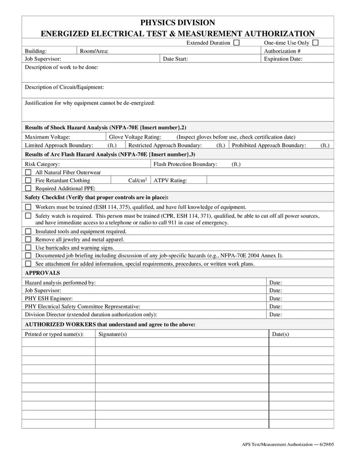 Energized electrical test & measurement authorization form in Word and ...