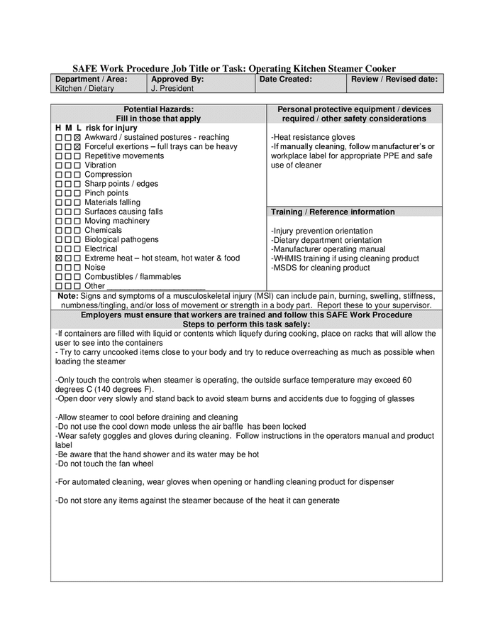 Safe work procedure: operating kitchen steamer cooker in Word and Pdf ...