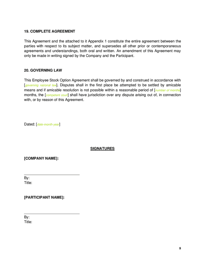 Employee Stock Option Agreement Template In Word And Pdf Formats Page 