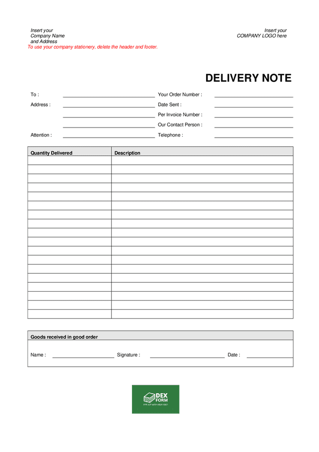 Delivery note template in Word and Pdf formats