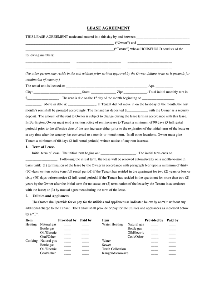 Household lease agreement in Word and Pdf formats