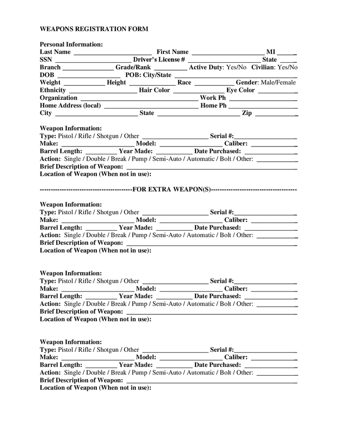 Weapons registration form in Word and Pdf formats