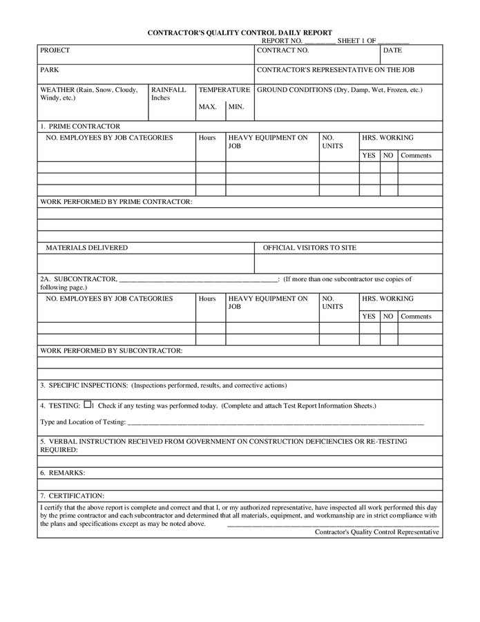 Contractor s Quality Control Daily Report In Word And Pdf Formats