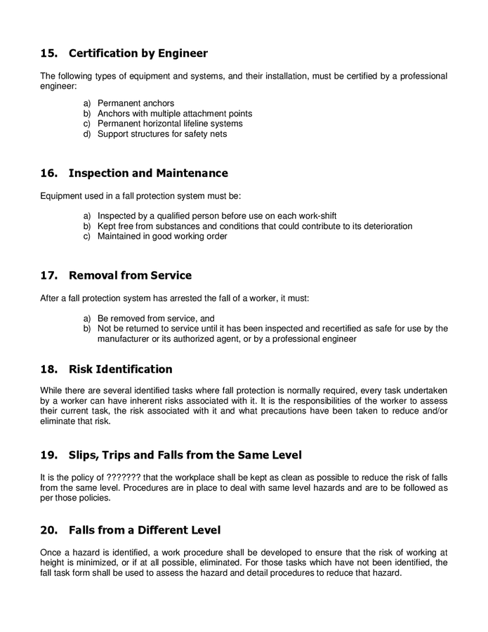Fall protection procedure policy sample in Word and Pdf formats page