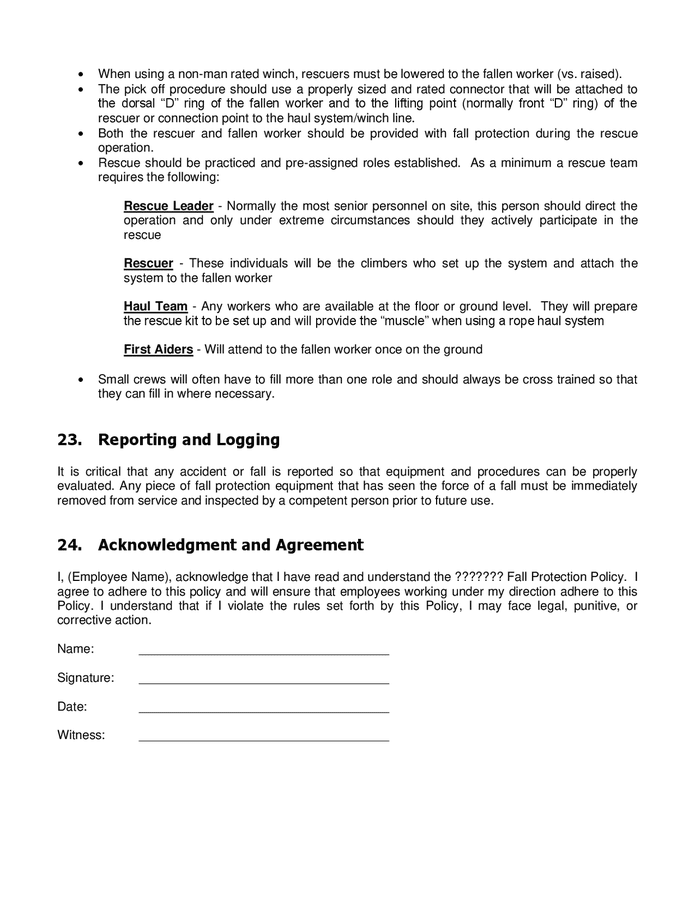 Fall protection procedure policy sample in Word and Pdf formats page