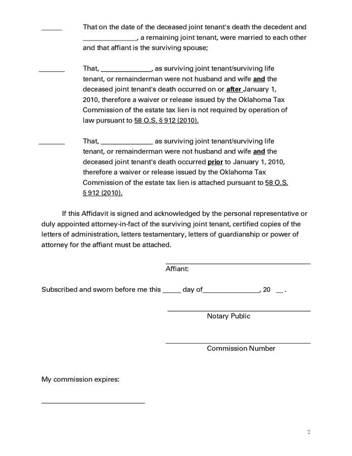 Affidavit Of Surviving Joint Tenants Oklahoma In Word And Pdf Formats Page 2 Of 2 1188