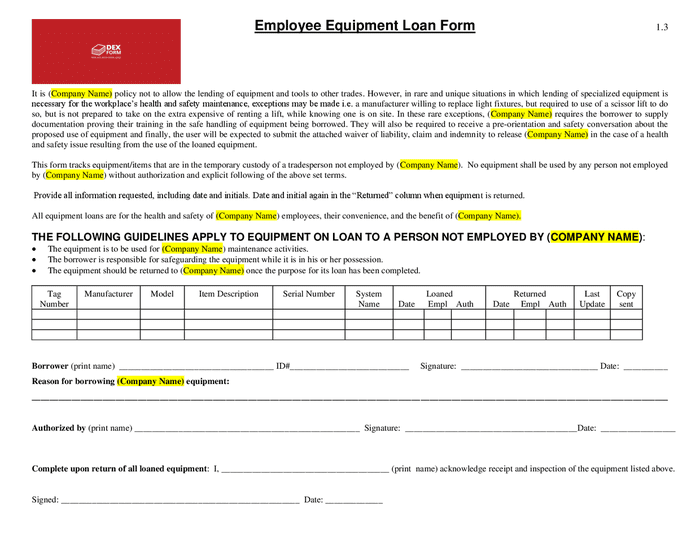 Employee Equipment Loan Form In Word And Pdf Formats